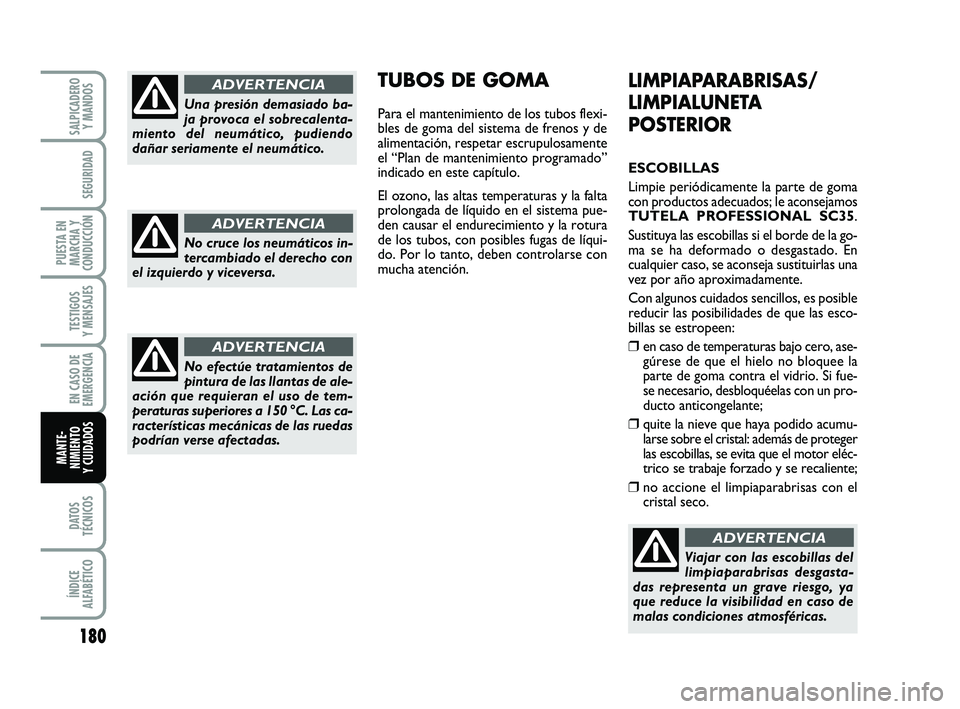 FIAT PUNTO 2013 Manual de Empleo y Cuidado (in Spanish) 180
DATOS
TÉCNICOS
ÍNDICE
ALFABÉTICO
SALPICADERO Y MANDOS
SEGURIDAD
PUESTA EN
MARCHA Y
CONDUCCIÓN
TESTIGOS
Y MENSAJES
EN CASO DE
EMERGENCIA
MANTE-
NIMIENTO
Y CUIDADOS
LIMPIAPARABRISAS/
LIMPIALUNET FIAT PUNTO 2013 Manual de Empleo y Cuidado (in Spanish) 180
DATOS
TÉCNICOS
ÍNDICE
ALFABÉTICO
SALPICADERO Y MANDOS
SEGURIDAD
PUESTA EN
MARCHA Y
CONDUCCIÓN
TESTIGOS
Y MENSAJES
EN CASO DE
EMERGENCIA
MANTE-
NIMIENTO
Y CUIDADOS
LIMPIAPARABRISAS/
LIMPIALUNET