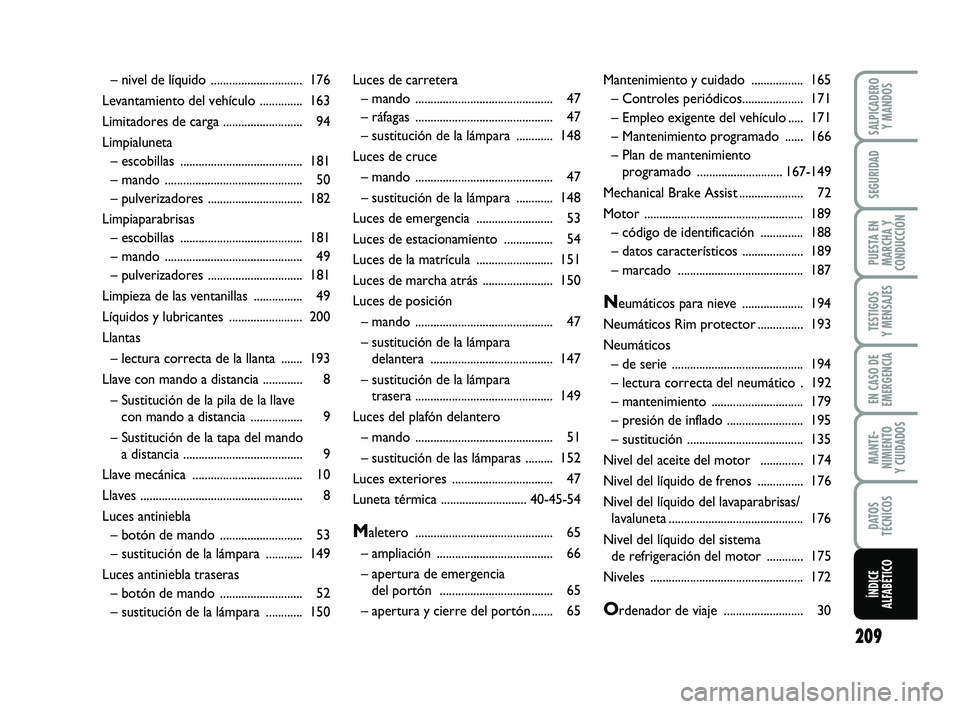 FIAT PUNTO 2013 Manual de Empleo y Cuidado (in Spanish) 209
SALPICADEROY MANDOS
SEGURIDAD
PUESTA EN
MARCHA Y
CONDUCCIÓN
TESTIGOS
Y MENSAJES
EN CASO DE
EMERGENCIA
MANTE-
NIMIENTO
Y CUIDADOS
DATOS
TÉCNICOS
ÍNDICE
ALFABÉTICO
Luces de carretera
– mando . FIAT PUNTO 2013 Manual de Empleo y Cuidado (in Spanish) 209
SALPICADEROY MANDOS
SEGURIDAD
PUESTA EN
MARCHA Y
CONDUCCIÓN
TESTIGOS
Y MENSAJES
EN CASO DE
EMERGENCIA
MANTE-
NIMIENTO
Y CUIDADOS
DATOS
TÉCNICOS
ÍNDICE
ALFABÉTICO
Luces de carretera
– mando .