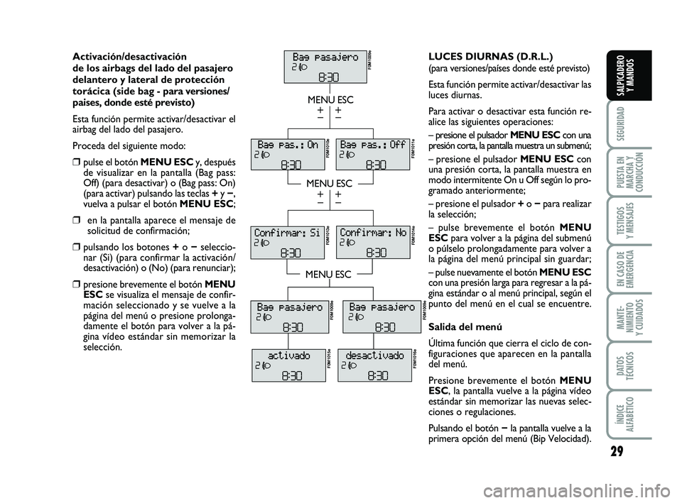 FIAT PUNTO 2013 Manual de Empleo y Cuidado (in Spanish) 29
SEGURIDAD
PUESTA EN
MARCHA Y
CONDUCCIÓN
TESTIGOS
Y MENSAJES
EN CASO DE
EMERGENCIA
MANTE-
NIMIENTO
Y CUIDADOS
DATOS
TÉCNICOS
ÍNDICE
ALFABÉTICO
SALPICADERO Y MANDOS
Activación/desactivación
de FIAT PUNTO 2013 Manual de Empleo y Cuidado (in Spanish) 29
SEGURIDAD
PUESTA EN
MARCHA Y
CONDUCCIÓN
TESTIGOS
Y MENSAJES
EN CASO DE
EMERGENCIA
MANTE-
NIMIENTO
Y CUIDADOS
DATOS
TÉCNICOS
ÍNDICE
ALFABÉTICO
SALPICADERO Y MANDOS
Activación/desactivación
de