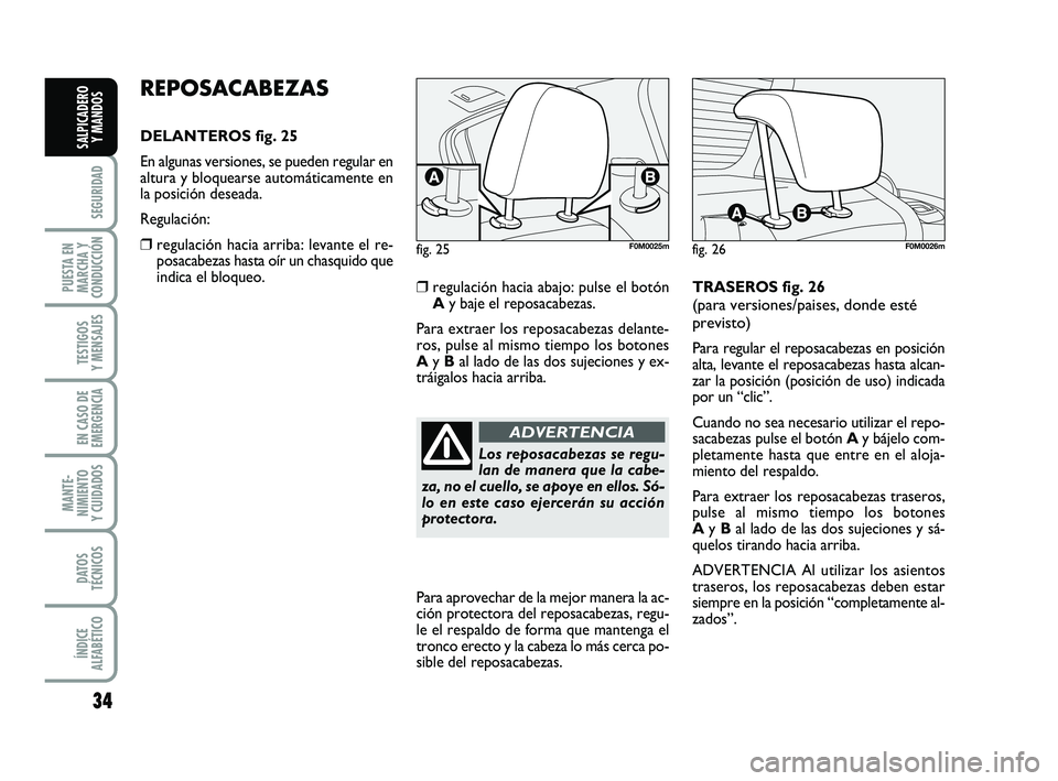FIAT PUNTO 2013 Manual de Empleo y Cuidado (in Spanish) 34
SEGURIDAD
PUESTA EN
MARCHA Y
CONDUCCIÓN
TESTIGOS
Y MENSAJES
EN CASO DE
EMERGENCIA
MANTE-
NIMIENTO
Y CUIDADOS
DATOS
TÉCNICOS
ÍNDICE
ALFABÉTICO
SALPICADERO Y MANDOS
REPOSACABEZAS
DELANTEROS fig. FIAT PUNTO 2013 Manual de Empleo y Cuidado (in Spanish) 34
SEGURIDAD
PUESTA EN
MARCHA Y
CONDUCCIÓN
TESTIGOS
Y MENSAJES
EN CASO DE
EMERGENCIA
MANTE-
NIMIENTO
Y CUIDADOS
DATOS
TÉCNICOS
ÍNDICE
ALFABÉTICO
SALPICADERO Y MANDOS
REPOSACABEZAS
DELANTEROS fig.