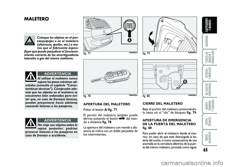 FIAT PUNTO 2011 Manual de Empleo y Cuidado (in Spanish) 65
SEGURIDAD
PUESTA EN
MARCHA Y
CONDUCCIÓN
TESTIGOS
Y MENSAJES
EN CASO DE
EMERGENCIA
MANTE-
NIMIENTO
Y CUIDADOS
DATOS
TÉCNICOS
ÍNDICE
ALFABÉTICO
SALPICADERO Y MANDOS
fig. 80F0M0095m
MALETERO
APERT FIAT PUNTO 2011 Manual de Empleo y Cuidado (in Spanish) 65
SEGURIDAD
PUESTA EN
MARCHA Y
CONDUCCIÓN
TESTIGOS
Y MENSAJES
EN CASO DE
EMERGENCIA
MANTE-
NIMIENTO
Y CUIDADOS
DATOS
TÉCNICOS
ÍNDICE
ALFABÉTICO
SALPICADERO Y MANDOS
fig. 80F0M0095m
MALETERO
APERT