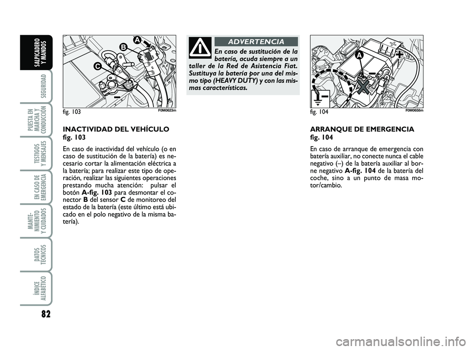 FIAT PUNTO 2013 Manual de Empleo y Cuidado (in Spanish) 82
SEGURIDAD
PUESTA EN
MARCHA Y
CONDUCCIÓN
TESTIGOS
Y MENSAJES
EN CASO DE
EMERGENCIA
MANTE-
NIMIENTO
Y CUIDADOS
DATOS
TÉCNICOS
ÍNDICE
ALFABÉTICO
SALPICADERO Y MANDOS
INACTIVIDAD DEL VEHÍCULO
fig. FIAT PUNTO 2013 Manual de Empleo y Cuidado (in Spanish) 82
SEGURIDAD
PUESTA EN
MARCHA Y
CONDUCCIÓN
TESTIGOS
Y MENSAJES
EN CASO DE
EMERGENCIA
MANTE-
NIMIENTO
Y CUIDADOS
DATOS
TÉCNICOS
ÍNDICE
ALFABÉTICO
SALPICADERO Y MANDOS
INACTIVIDAD DEL VEHÍCULO
fig.