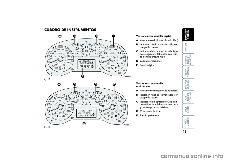 FIAT PUNTO 2014  Manual de Empleo y Cuidado (in Spanish) 13
SEGURIDADPUESTA EN
MARCHA Y
CONDUCCIÓNTESTIGOS
Y MENSAJESEN CASO DE
EMERGENCIAMANTE-
NIMIENTO
Y CUIDADOSDATOS
TÉCNICOSÍNDICE
ALFABÉTICOSALPICADERO
Y MANDOS
CUADRO DE INSTRUMENTOS
Versiones con 