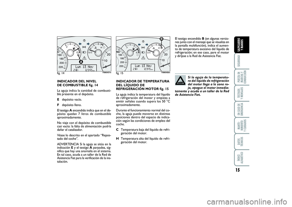 FIAT PUNTO 2014  Manual de Empleo y Cuidado (in Spanish) 15
SEGURIDADPUESTA EN
MARCHA Y
CONDUCCIÓNTESTIGOS
Y MENSAJESEN CASO DE
EMERGENCIAMANTE-
NIMIENTO
Y CUIDADOSDATOS
TÉCNICOSÍNDICE
ALFABÉTICOSALPICADERO
Y MANDOS
INDICADOR DEL NIVEL
DE COMBUSTIBLE fi