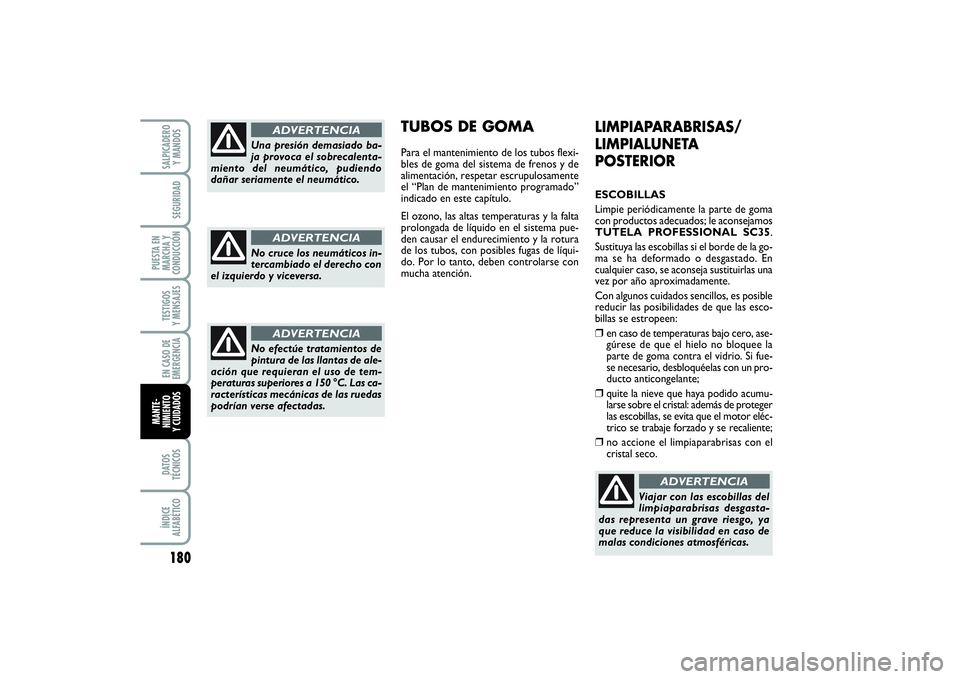 FIAT PUNTO 2014  Manual de Empleo y Cuidado (in Spanish) 180DATOS
TÉCNICOSÍNDICE
ALFABÉTICOSALPICADERO
Y MANDOSSEGURIDAD
PUESTA EN
MARCHA Y
CONDUCCIÓNTESTIGOS
Y MENSAJESEN CASO DE
EMERGENCIAMANTE-
NIMIENTO
Y CUIDADOS
LIMPIAPARABRISAS/
LIMPIALUNETA
POSTE