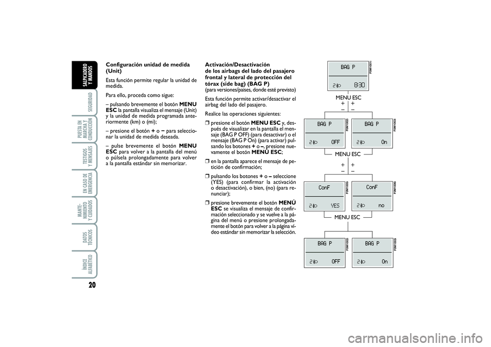 FIAT PUNTO 2014  Manual de Empleo y Cuidado (in Spanish) 20SEGURIDAD
PUESTA EN
MARCHA Y
CONDUCCIÓNTESTIGOS
Y MENSAJESEN CASO DE
EMERGENCIAMANTE-
NIMIENTO
Y CUIDADOSDATOS
TÉCNICOSÍNDICE
ALFABÉTICOSALPICADERO
Y MANDOS
Activación/Desactivación 
de los ai