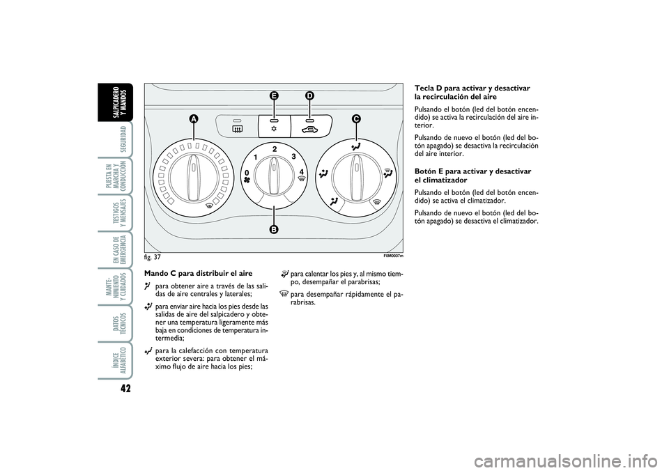 FIAT PUNTO 2014  Manual de Empleo y Cuidado (in Spanish) 42SEGURIDAD
PUESTA EN
MARCHA Y
CONDUCCIÓNTESTIGOS
Y MENSAJESEN CASO DE
EMERGENCIAMANTE-
NIMIENTO
Y CUIDADOSDATOS
TÉCNICOSÍNDICE
ALFABÉTICOSALPICADERO
Y MANDOS
Mando C para distribuir el aire ¶
pa