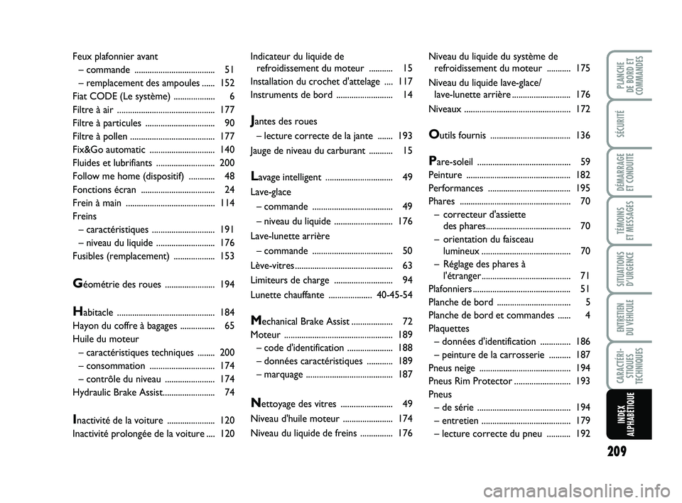 FIAT PUNTO 2021  Notice dentretien (in French) 209
SÉCURITÉ
DÉMARRAGE 
ET CONDUITE
TÉMOINS 
ET MESSAGES
SITUATIONS D’URGENCE
ENTRETIEN 
DU VÉHICULE
CARACTÉRI- STIQUES
TECHNIQUES
PLANCHE 
DE BORD ET
COMMANDES
INDEX
ALPHABÉTIQUE
Indicateur 