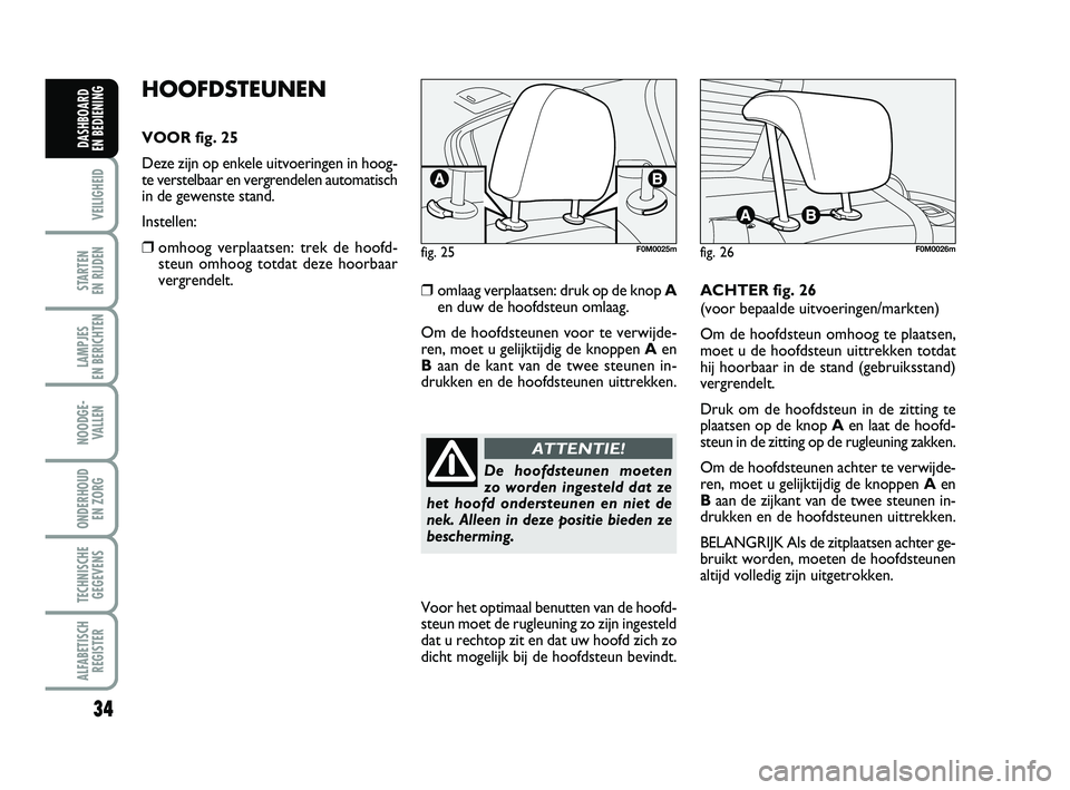 FIAT PUNTO 2020  Instructieboek (in Dutch) 34
VEILIGHEID
STARTEN 
EN RIJDEN
LAMPJES 
EN BERICHTEN
NOODGE - VALLEN
ONDERHOUD  EN ZORG
TECHNISCHEGEGEVENS
ALFABETISCH REGISTER
DASHBOARD 
EN BEDIENING
HOOFDSTEUNEN
VOOR fig. 25
Deze zijn op enkele 