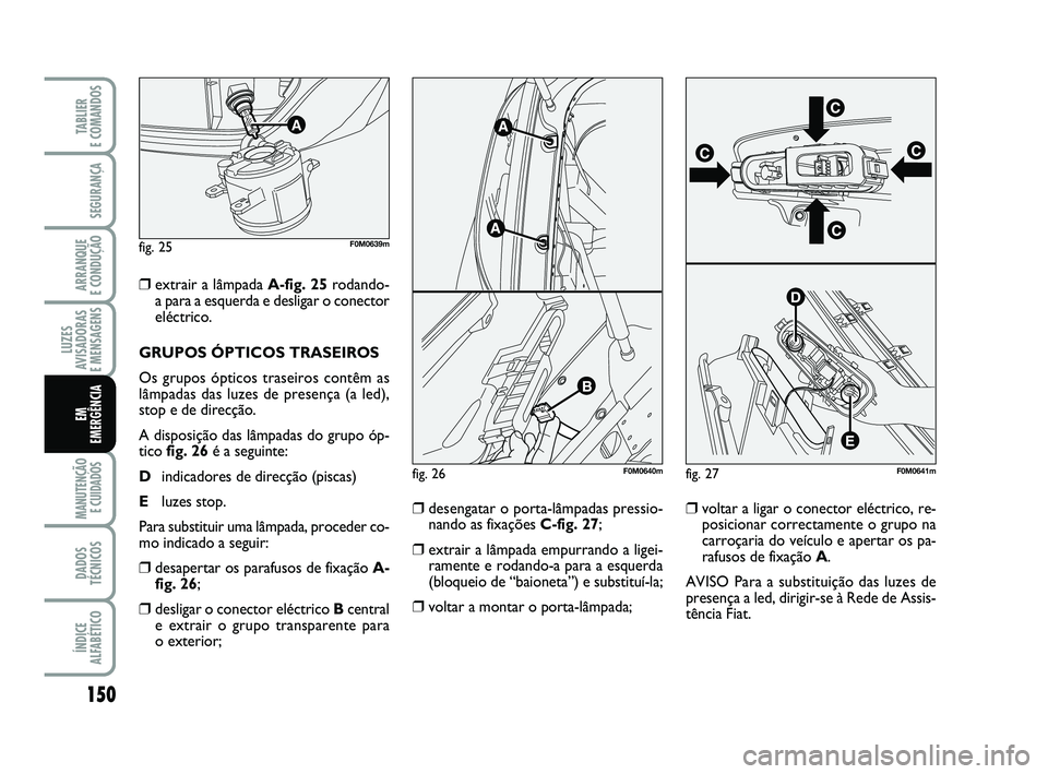 FIAT PUNTO 2011 Manual de Uso e Manutenção (in Portuguese) 150
SEGURANÇA
ARRANQUE
E CONDUÇÃO
LUZES
AVISADORAS
E MENSAGENS
MANUTENÇÃO E CUIDADOS
DADOS
TÉCNICOS
ÍNDICE
ALFABÉTICO
TABLIER
E COMANDOS
EM
EMERGÊNCIA
❒extrair a lâmpada A-fig. 25 roda FIAT PUNTO 2011 Manual de Uso e Manutenção (in Portuguese) 150
SEGURANÇA
ARRANQUE
E CONDUÇÃO
LUZES
AVISADORAS
E MENSAGENS
MANUTENÇÃO E CUIDADOS
DADOS
TÉCNICOS
ÍNDICE
ALFABÉTICO
TABLIER
E COMANDOS
EM
EMERGÊNCIA
❒extrair a lâmpada A-fig. 25 roda