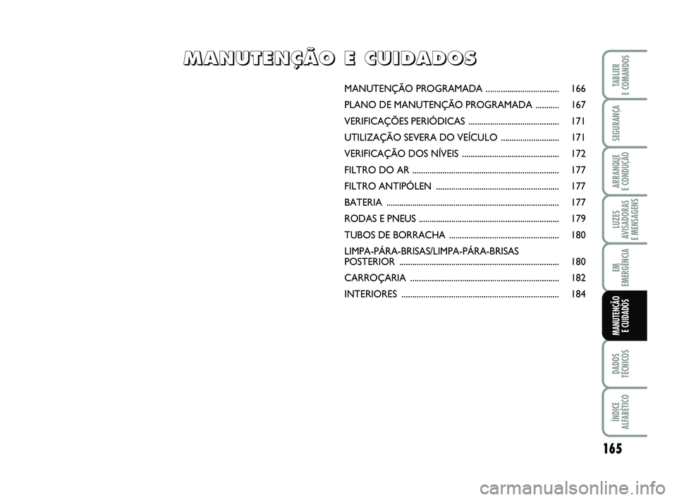 FIAT PUNTO 2011 Manual de Uso e Manutenção (in Portuguese) 165
SEGURANÇA
ARRANQUE
E CONDUÇÃO
LUZES
AVISADORAS
E MENSAGENS
EM
EMERGÊNCIA
DADOS
TÉCNICOS
ÍNDICE
ALFABÉTICO
TABLIER
E COMANDOS
MANUTENÇÃO E CUIDADOS
MANUTENÇÃO PR OGRAMADA ............ FIAT PUNTO 2011 Manual de Uso e Manutenção (in Portuguese) 165
SEGURANÇA
ARRANQUE
E CONDUÇÃO
LUZES
AVISADORAS
E MENSAGENS
EM
EMERGÊNCIA
DADOS
TÉCNICOS
ÍNDICE
ALFABÉTICO
TABLIER
E COMANDOS
MANUTENÇÃO E CUIDADOS
MANUTENÇÃO PR OGRAMADA ............