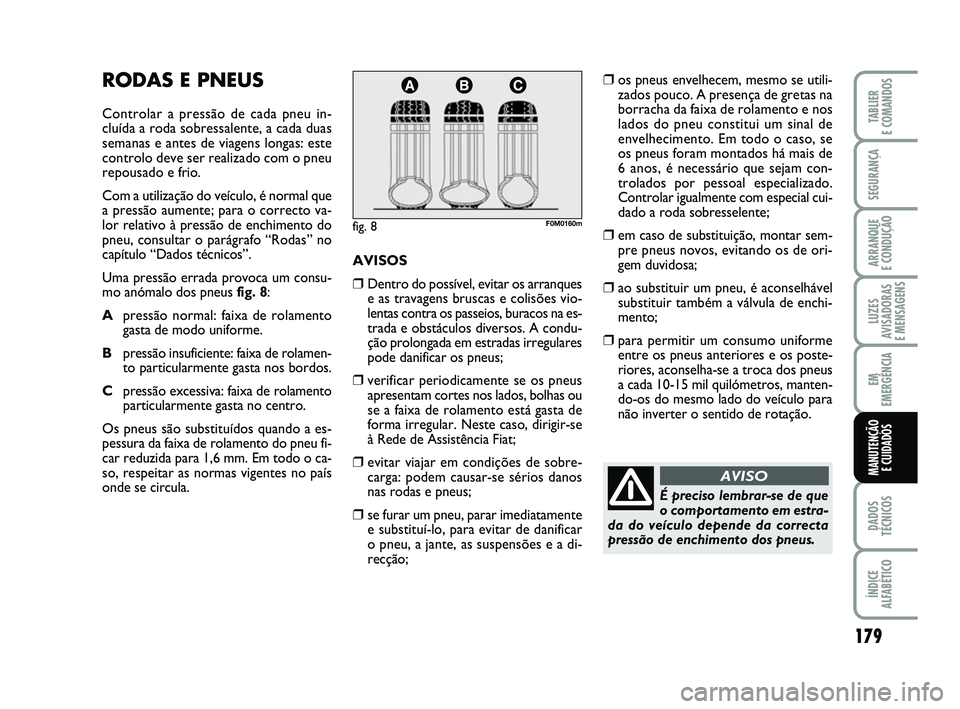 FIAT PUNTO 2011 Manual de Uso e Manutenção (in Portuguese) 179
SEGURANÇA
ARRANQUE
E CONDUÇÃO
LUZES
AVISADORAS
E MENSAGENS
EM
EMERGÊNCIA
DADOS
TÉCNICOS
ÍNDICE
ALFABÉTICO
TABLIER
E COMANDOS
MANUTENÇÃO E CUIDADOS
RODAS E PNEUS
Controlar a pressão de FIAT PUNTO 2011 Manual de Uso e Manutenção (in Portuguese) 179
SEGURANÇA
ARRANQUE
E CONDUÇÃO
LUZES
AVISADORAS
E MENSAGENS
EM
EMERGÊNCIA
DADOS
TÉCNICOS
ÍNDICE
ALFABÉTICO
TABLIER
E COMANDOS
MANUTENÇÃO E CUIDADOS
RODAS E PNEUS
Controlar a pressão de