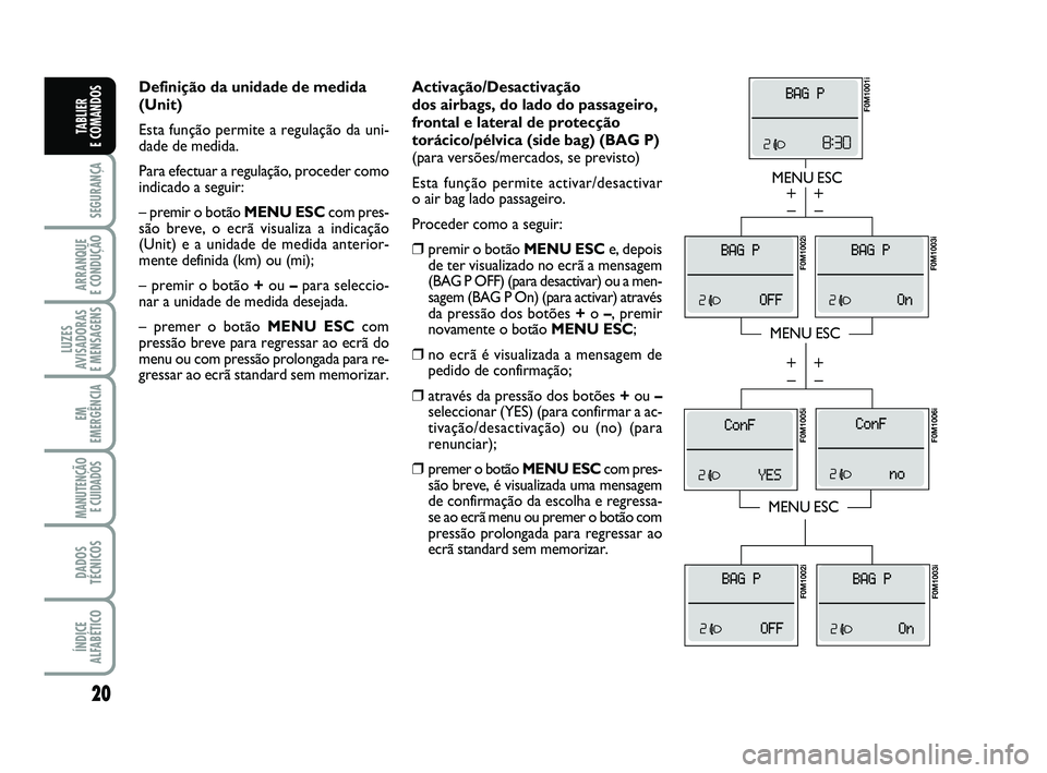 FIAT PUNTO 2011 Manual de Uso e Manutenção (in Portuguese) 20
SEGURANÇA
ARRANQUE
E CONDUÇÃO
LUZES
AVISADORAS
E MENSAGENS
EM
EMERGÊNCIA
MANUTENÇÃO E CUIDADOS
DADOS
TÉCNICOS
ÍNDICE
ALFABÉTICO
TABLIER
E COMANDOS
Activação/Desactivação
dos airba FIAT PUNTO 2011 Manual de Uso e Manutenção (in Portuguese) 20
SEGURANÇA
ARRANQUE
E CONDUÇÃO
LUZES
AVISADORAS
E MENSAGENS
EM
EMERGÊNCIA
MANUTENÇÃO E CUIDADOS
DADOS
TÉCNICOS
ÍNDICE
ALFABÉTICO
TABLIER
E COMANDOS
Activação/Desactivação
dos airba