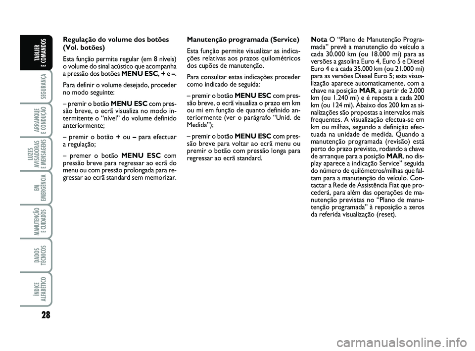 FIAT PUNTO 2011 Manual de Uso e Manutenção (in Portuguese) 28
SEGURANÇA
ARRANQUE
E CONDUÇÃO
LUZES
AVISADORAS
E MENSAGENS
EM
EMERGÊNCIA
MANUTENÇÃO E CUIDADOS
DADOS
TÉCNICOS
ÍNDICE
ALFABÉTICO
TABLIER
E COMANDOS
Regulação do volume dos botões
(V FIAT PUNTO 2011 Manual de Uso e Manutenção (in Portuguese) 28
SEGURANÇA
ARRANQUE
E CONDUÇÃO
LUZES
AVISADORAS
E MENSAGENS
EM
EMERGÊNCIA
MANUTENÇÃO E CUIDADOS
DADOS
TÉCNICOS
ÍNDICE
ALFABÉTICO
TABLIER
E COMANDOS
Regulação do volume dos botões
(V