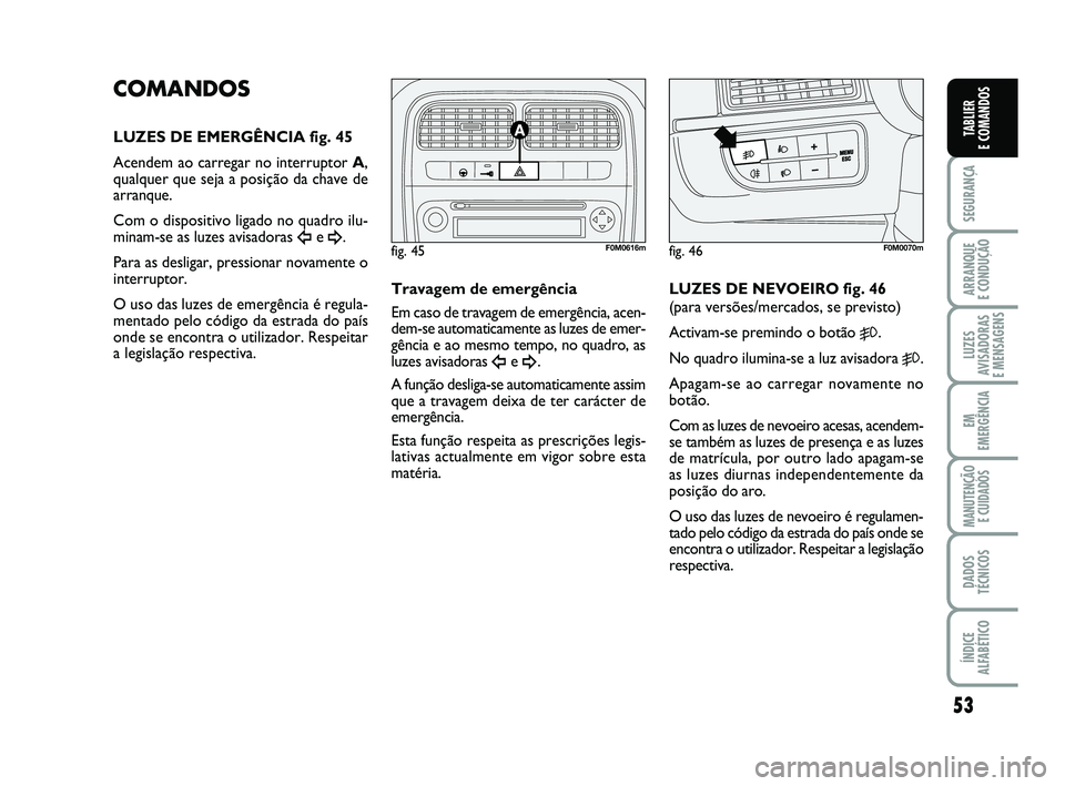 FIAT PUNTO 2011 Manual de Uso e Manutenção (in Portuguese) 53
SEGURANÇA
ARRANQUE
E CONDUÇÃO
LUZES
AVISADORAS
E MENSAGENS
EM
EMERGÊNCIA
MANUTENÇÃO E CUIDADOS
DADOS
TÉCNICOS
ÍNDICE
ALFABÉTICO
TABLIER
E COMANDOS
COMANDOS
LUZES DE EMERGÊNCIA fig. 45
FIAT PUNTO 2011 Manual de Uso e Manutenção (in Portuguese) 53
SEGURANÇA
ARRANQUE
E CONDUÇÃO
LUZES
AVISADORAS
E MENSAGENS
EM
EMERGÊNCIA
MANUTENÇÃO E CUIDADOS
DADOS
TÉCNICOS
ÍNDICE
ALFABÉTICO
TABLIER
E COMANDOS
COMANDOS
LUZES DE EMERGÊNCIA fig. 45