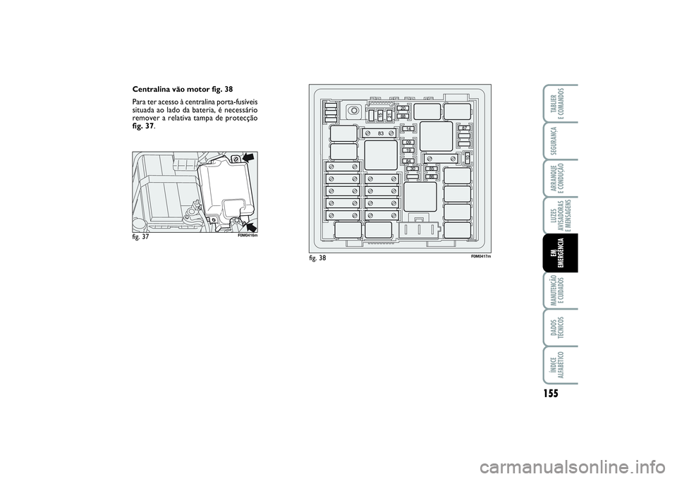 FIAT PUNTO 2014  Manual de Uso e Manutenção (in Portuguese) 155
SEGURANÇAARRANQUE 
E CONDUÇÃOLUZES
AVISADORAS 
E MENSAGENSMANUTENÇÃO 
E CUIDADOSDADOS
TÉCNICOSÍNDICE
ALFABÉTICOTABLIER
E COMANDOSEM
EMERGÊNCIA
Centralina vão motor fig. 38
Para ter acess