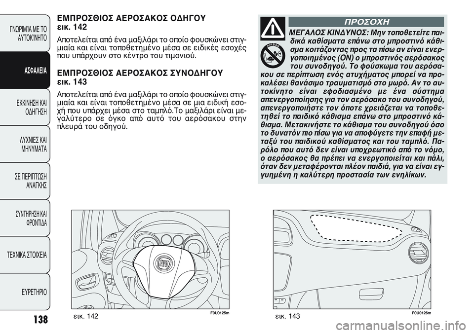 FIAT PUNTO 2011  ΒΙΒΛΙΟ ΧΡΗΣΗΣ ΚΑΙ ΣΥΝΤΗΡΗΣΗΣ (in Greek) F0U0125mεικ. 142F0U0126mεικ. 143
ΕΜΠΡΟΣΘΙΟΣ ΑΕΡΟΣΑΚΟΣ ΟΔΗΓΟΥ 
εικ. 142
Αποτελείται από ένα μαξιλάρι το οποίο φουσκώνει στι