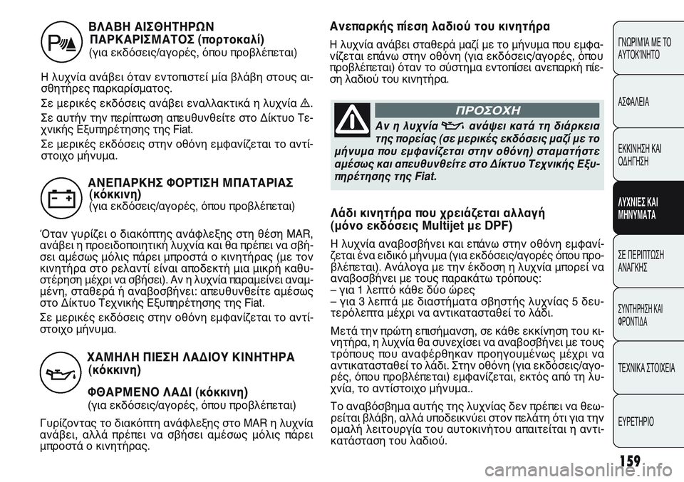 FIAT PUNTO 2011  ΒΙΒΛΙΟ ΧΡΗΣΗΣ ΚΑΙ ΣΥΝΤΗΡΗΣΗΣ (in Greek) Λάδι κινητήρα που χρειάζεται αλλαγή
(μόνο εκδόσεις Multijet με DPF)
Η λυχνία αναβοσβήνει και επάνω στην οθόνη εμφαν