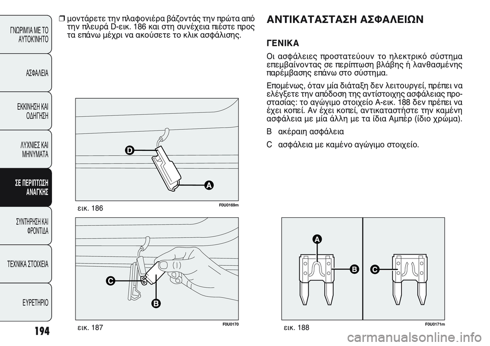 FIAT PUNTO 2011  ΒΙΒΛΙΟ ΧΡΗΣΗΣ ΚΑΙ ΣΥΝΤΗΡΗΣΗΣ (in Greek) 194
ΓΝΩΡΙΜΊΑ ΜΕ ΤΟ
ΑΥΤΟΚΊΝΗΤΟ
ΑΣΦΑΛΕΙΑ
ΕΚΚΙΝΗΣΗ ΚΑΙ
ΟΔΗΓΗΣΗ
ΛΥΧΝΙΕΣ ΚΑΙ
ΜΗΝΥΜΑΤΑ
ΣΕ ΠΕΡΙΠΤΩΣΗ
ΑΝΑΓΚΗΣ
ΣΥΝΤΗΡΗ