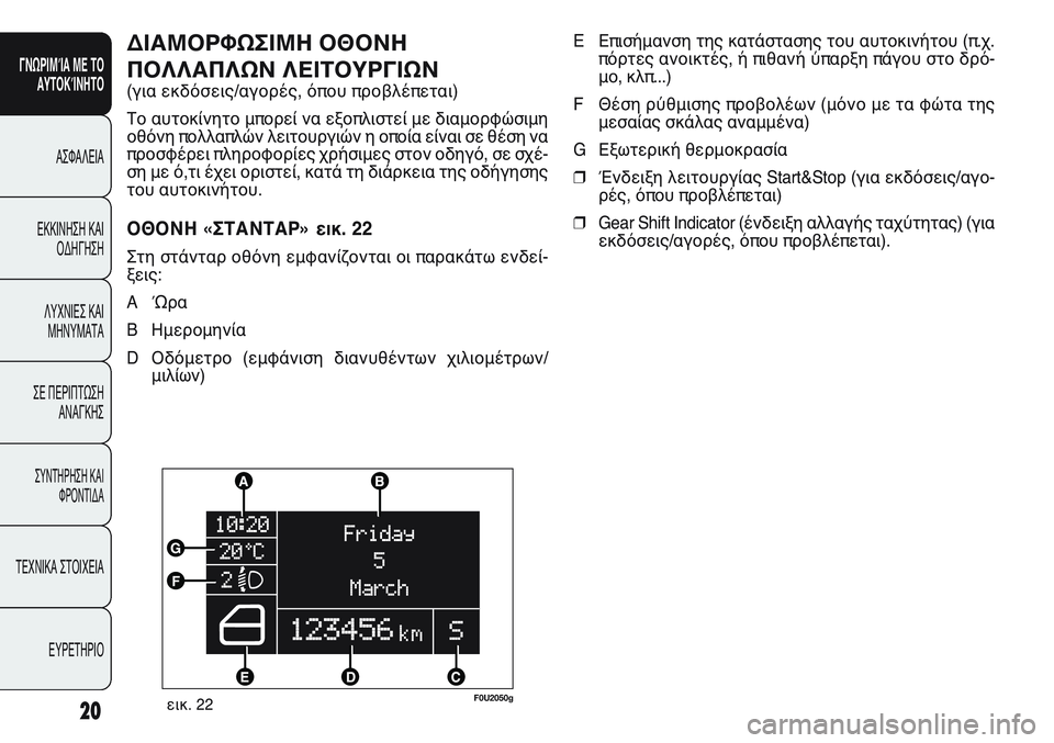 FIAT PUNTO 2011  ΒΙΒΛΙΟ ΧΡΗΣΗΣ ΚΑΙ ΣΥΝΤΗΡΗΣΗΣ (in Greek) 20
ΓΝΩΡΙΜΊΑ ΜΕ ΤΟ
ΑΥΤΟΚΊΝΗΤΟ
ΑΣΦΑΛΕΙΑ
ΕΚΚΙΝΗΣΗ ΚΑΙ
ΟΔΗΓΗΣΗ
ΛΥΧΝΙΕΣ ΚΑΙ
ΜΗΝΥΜΑΤΑ
ΣΕ ΠΕΡΙΠΤΩΣΗ
ΑΝΑΓΚΗΣ
ΣΥΝΤΗΡΗ