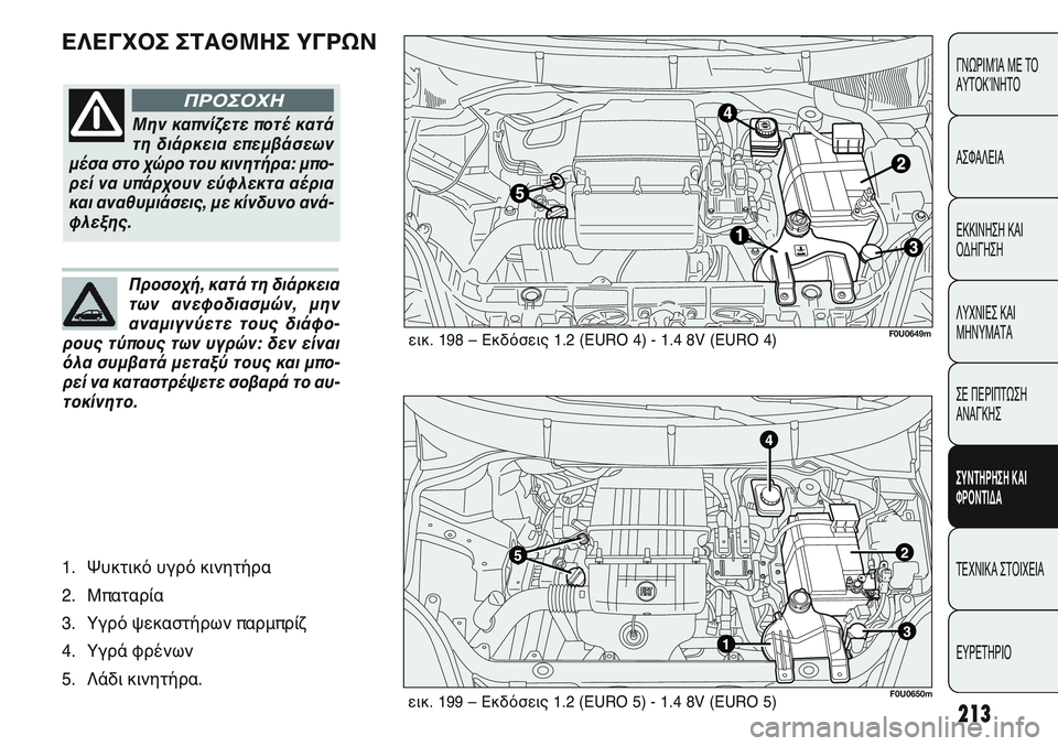 FIAT PUNTO 2011  ΒΙΒΛΙΟ ΧΡΗΣΗΣ ΚΑΙ ΣΥΝΤΗΡΗΣΗΣ (in Greek) ΕΛΕΓΧΟΣ ΣΤΑΘΜΗΣ ΥΓΡΩΝ
213
ΓΝΩΡΙΜΊΑ ΜΕ ΤΟ
ΑΥΤΟΚΊΝΗΤΟ
ΑΣΦΑΛΕΙΑ
ΕΚΚΙΝΗΣΗ ΚΑΙ
ΟΔΗΓΗΣΗ
ΛΥΧΝΙΕΣ ΚΑΙ
ΜΗΝΥΜΑΤΑ
ΣΕ ΠΕΡ