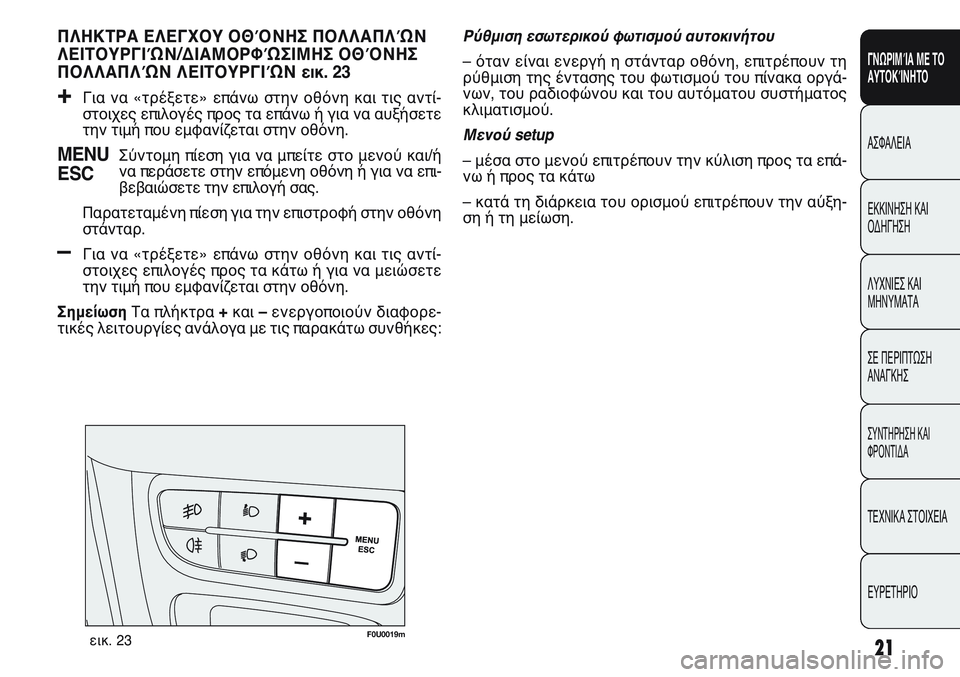 FIAT PUNTO 2011  ΒΙΒΛΙΟ ΧΡΗΣΗΣ ΚΑΙ ΣΥΝΤΗΡΗΣΗΣ (in Greek) 21
ΓΝΩΡΙΜΊΑ ΜΕ ΤΟ
ΑΥΤΟΚΊΝΗΤΟ
ΑΣΦΑΛΕΙΑ
ΕΚΚΙΝΗΣΗ ΚΑΙ
ΟΔΗΓΗΣΗ
ΛΥΧΝΙΕΣ ΚΑΙ
ΜΗΝΥΜΑΤΑ
ΣΕ ΠΕΡΙΠΤΩΣΗ
ΑΝΑΓΚΗΣ
ΣΥΝΤΗΡΗ