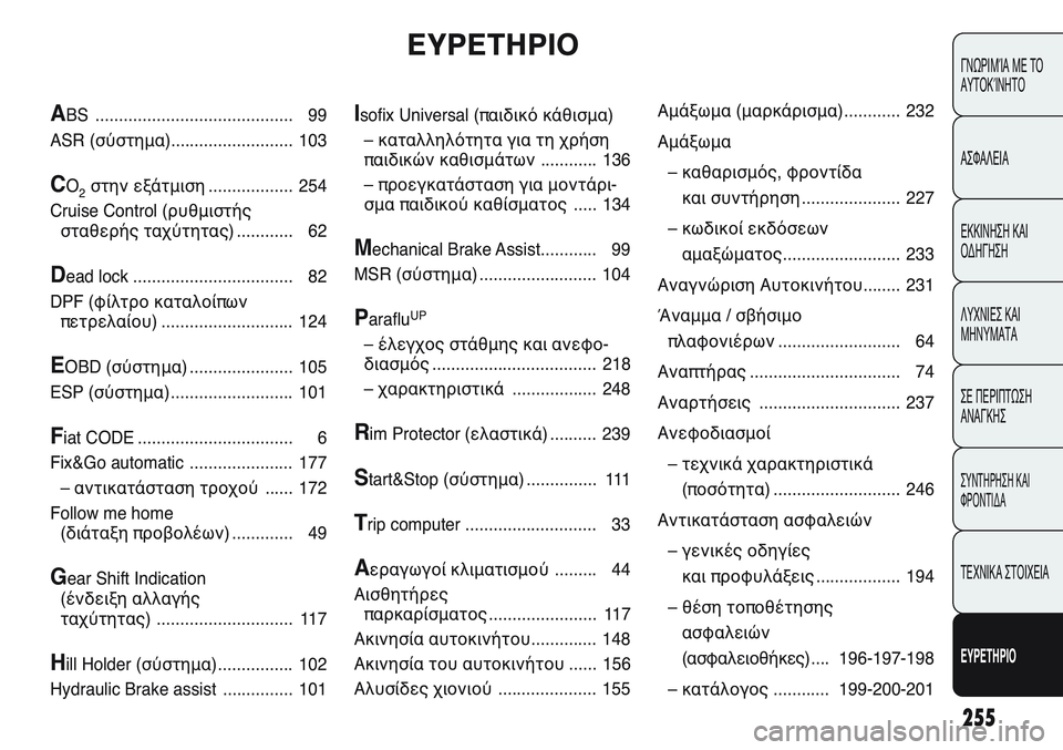 FIAT PUNTO 2011  ΒΙΒΛΙΟ ΧΡΗΣΗΣ ΚΑΙ ΣΥΝΤΗΡΗΣΗΣ (in Greek) 255
ΓΝΩΡΙΜΊΑ ΜΕ ΤΟ
ΑΥΤΟΚΊΝΗΤΟ
ΑΣΦΑΛΕΙΑ
ΕΚΚΙΝΗΣΗ ΚΑΙ
ΟΔΗΓΗΣΗ
ΛΥΧΝΙΕΣ ΚΑΙ
ΜΗΝΥΜΑΤΑ
ΣΕ ΠΕΡΙΠΤΩΣΗ
ΑΝΑΓΚΗΣ
ΣΥΝΤΗΡΗ