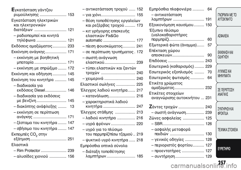 FIAT PUNTO 2011  ΒΙΒΛΙΟ ΧΡΗΣΗΣ ΚΑΙ ΣΥΝΤΗΡΗΣΗΣ (in Greek) 257
ΓΝΩΡΙΜΊΑ ΜΕ ΤΟ
ΑΥΤΟΚΊΝΗΤΟ
ΑΣΦΑΛΕΙΑ
ΕΚΚΙΝΗΣΗ ΚΑΙ
ΟΔΗΓΗΣΗ
ΛΥΧΝΙΕΣ ΚΑΙ
ΜΗΝΥΜΑΤΑ
ΣΕ ΠΕΡΙΠΤΩΣΗ
ΑΝΑΓΚΗΣ
ΣΥΝΤΗΡΗ