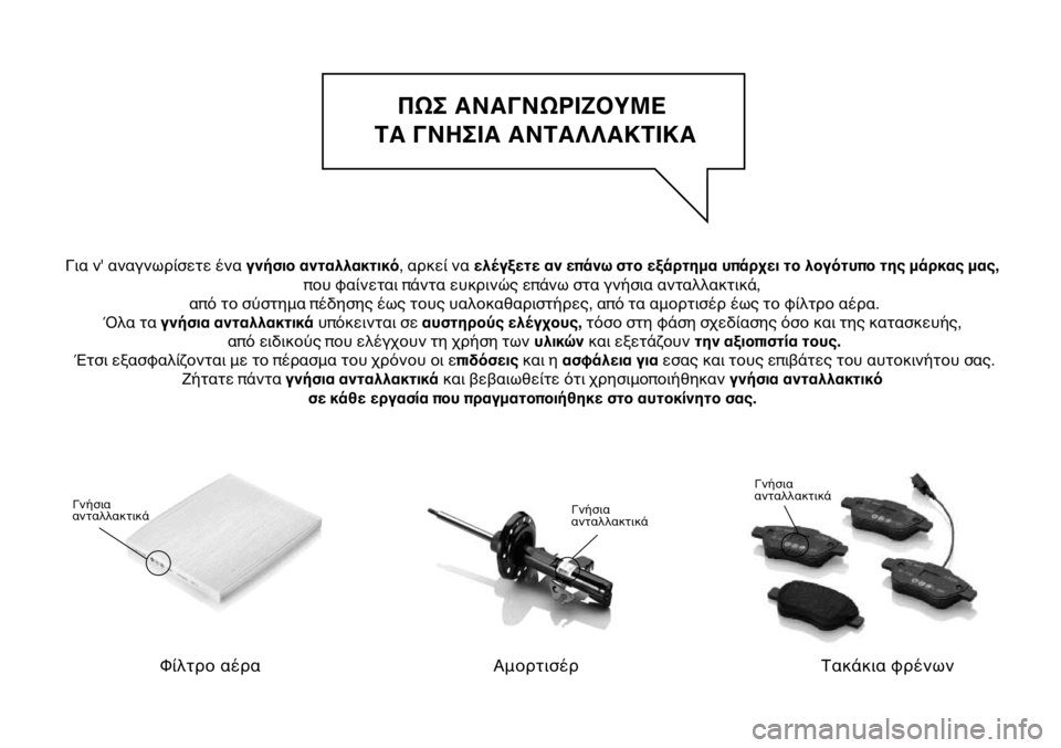 FIAT PUNTO 2011  ΒΙΒΛΙΟ ΧΡΗΣΗΣ ΚΑΙ ΣΥΝΤΗΡΗΣΗΣ (in Greek) ΠΩΣ ΑΝΑΓΝΩΡΙΖΟΥΜΕ 
ΤΑ ΓΝΗΣΙΑ ΑΝΤΑΛΛΑΚΤΙΚΑ
Φίλτρο αέρα
Γνήσια 
ανταλλακτικά
Αμορτισέρ
Γνήσια 
ανταλλακτικά
Τ