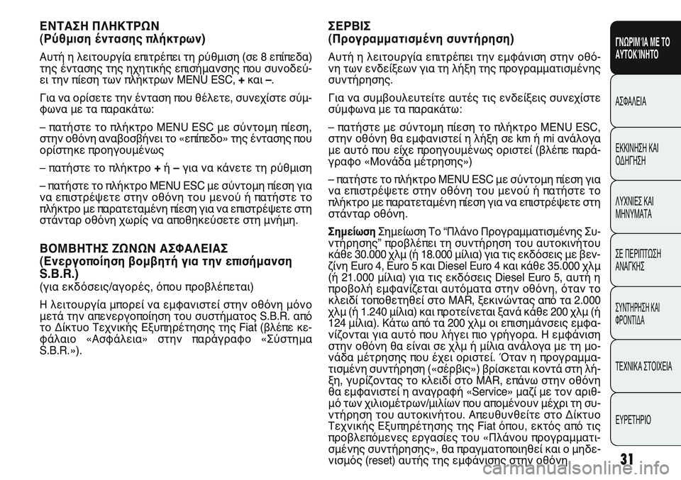 FIAT PUNTO 2011  ΒΙΒΛΙΟ ΧΡΗΣΗΣ ΚΑΙ ΣΥΝΤΗΡΗΣΗΣ (in Greek) ΕΝΤΑΣΗ ΠΛΗΚΤΡΩΝ
(Ρύθμιση έντασης πλήκτρων) 
Αυτή η λειτουργία επιτρέπει τη ρύθμιση (σε 8 επίπεδα)
της έντασης τ