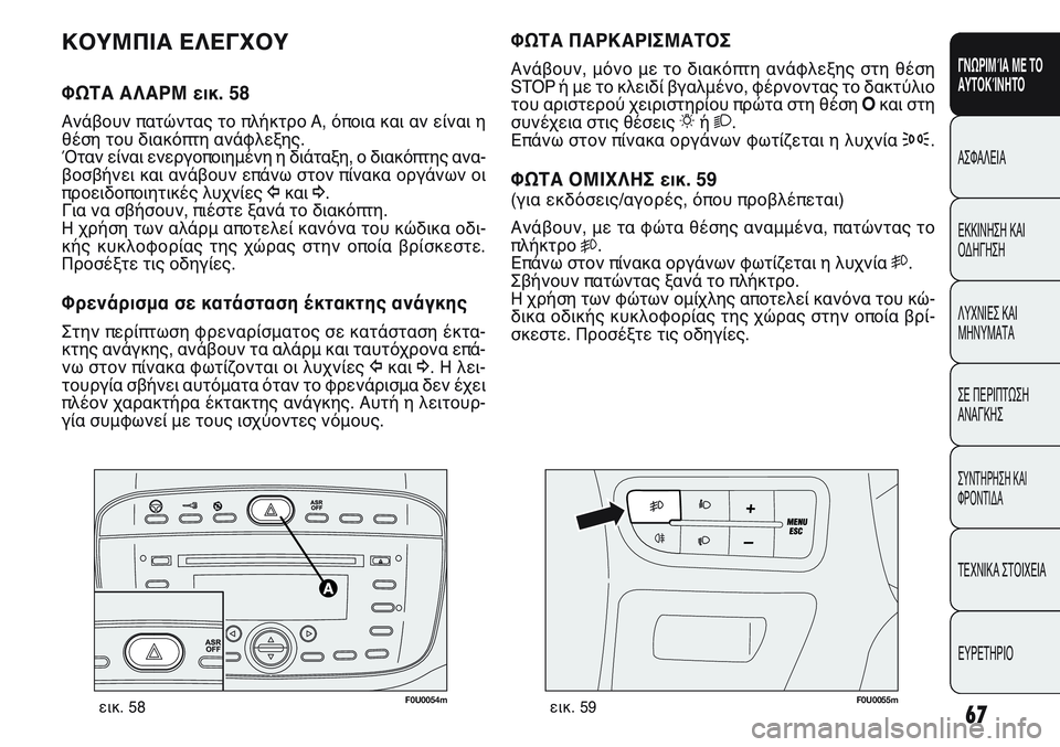 FIAT PUNTO 2011  ΒΙΒΛΙΟ ΧΡΗΣΗΣ ΚΑΙ ΣΥΝΤΗΡΗΣΗΣ (in Greek) F0U0054mεικ. 58F0U0055mεικ. 59
ΦΩΤΑ ΠΑΡΚΑΡΙΣΜΑΤΟΣ
Ανάβουν, μόνο με το διακόπτη ανάφλεξης στη θέση
STOP ή με το κλειδί βγαλ