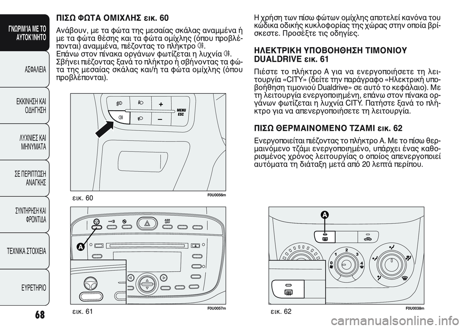 FIAT PUNTO 2011  ΒΙΒΛΙΟ ΧΡΗΣΗΣ ΚΑΙ ΣΥΝΤΗΡΗΣΗΣ (in Greek) F0U0038mεικ. 62
F0U0056mεικ. 60
F0U0057mεικ. 61
Η χρήση των πίσω φώτων ομίχλης αποτελεί κανόνα του
κώδικα οδικής κυκλοφορίας 