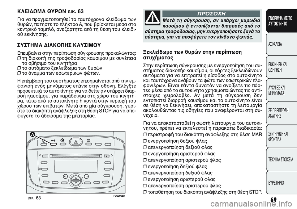 FIAT PUNTO 2011  ΒΙΒΛΙΟ ΧΡΗΣΗΣ ΚΑΙ ΣΥΝΤΗΡΗΣΗΣ (in Greek) 

F0U0005mεικ. 63
ΚΛΕΙΔΩΜΑ ΘΥΡΩΝ εικ. 63
Για να πραγματοποιηθεί το ταυτόχρονο κλείδωμα των
θυρών, πατήστε το πλήκ