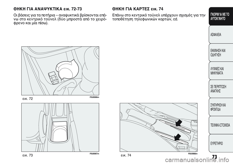 FIAT PUNTO 2011  ΒΙΒΛΙΟ ΧΡΗΣΗΣ ΚΑΙ ΣΥΝΤΗΡΗΣΗΣ (in Greek) 73
ΓΝΩΡΙΜΊΑ ΜΕ ΤΟ
ΑΥΤΟΚΊΝΗΤΟ
ΑΣΦΑΛΕΙΑ
ΕΚΚΙΝΗΣΗ ΚΑΙ
ΟΔΗΓΗΣΗ
ΛΥΧΝΙΕΣ ΚΑΙ
ΜΗΝΥΜΑΤΑ
ΣΕ ΠΕΡΙΠΤΩΣΗ
ΑΝΑΓΚΗΣ
ΣΥΝΤΗΡΗ