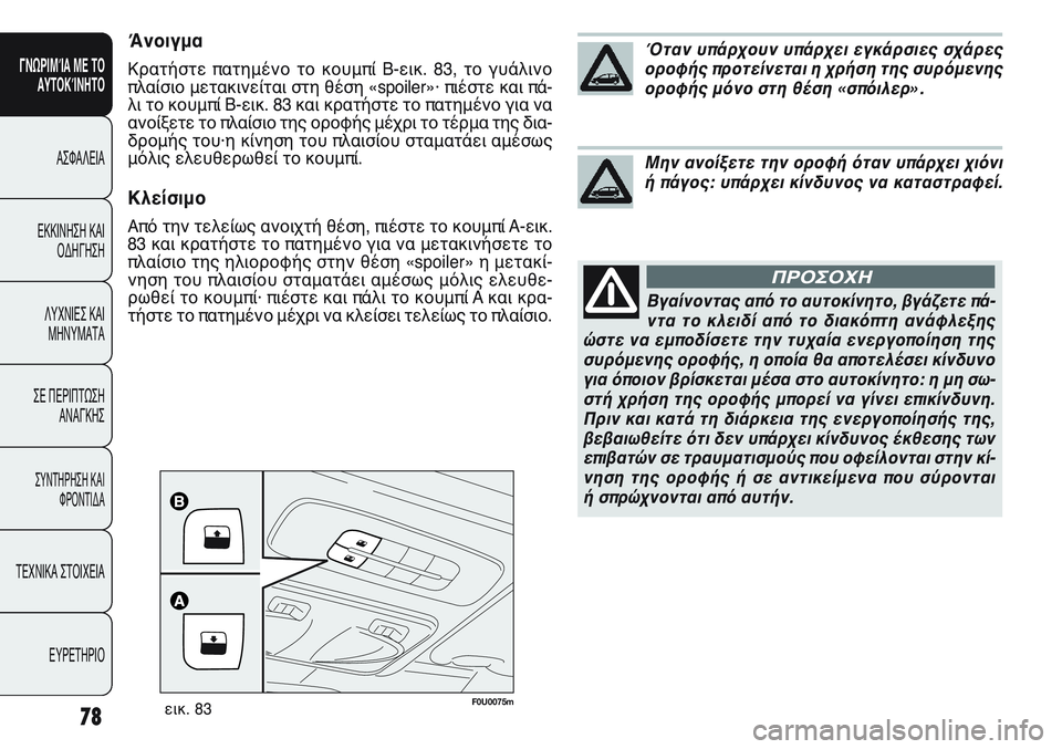 FIAT PUNTO 2011  ΒΙΒΛΙΟ ΧΡΗΣΗΣ ΚΑΙ ΣΥΝΤΗΡΗΣΗΣ (in Greek) F0U0075mεικ. 83
Άνοιγμα
Κρατήστε πατημένο το κουμπί B-εικ. 83, το γυάλινο
πλαίσιο μετακινείται στη θέση «spoiler»· πιέστ