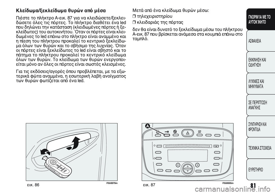FIAT PUNTO 2011  ΒΙΒΛΙΟ ΧΡΗΣΗΣ ΚΑΙ ΣΥΝΤΗΡΗΣΗΣ (in Greek) 81
ΓΝΩΡΙΜΊΑ ΜΕ ΤΟ
ΑΥΤΟΚΊΝΗΤΟ
ΑΣΦΑΛΕΙΑ
ΕΚΚΙΝΗΣΗ ΚΑΙ
ΟΔΗΓΗΣΗ
ΛΥΧΝΙΕΣ ΚΑΙ
ΜΗΝΥΜΑΤΑ
ΣΕ ΠΕΡΙΠΤΩΣΗ
ΑΝΑΓΚΗΣ
ΣΥΝΤΗΡΗ
