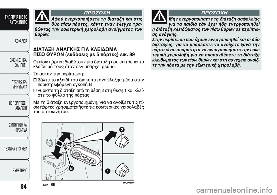 FIAT PUNTO 2011  ΒΙΒΛΙΟ ΧΡΗΣΗΣ ΚΑΙ ΣΥΝΤΗΡΗΣΗΣ (in Greek) F0U0081mεικ. 89
ΔΙΑΤΑΞΗ ΑΝΑΓΚΗΣ ΓΙΑ ΚΛΕΙΔΩΜΑ 
ΠΙΣΩ ΘΥΡΩΝ (εκδόσεις με 5 πόρτες) εικ. 89
Οι πίσω πόρτες διαθέτουν μία δ