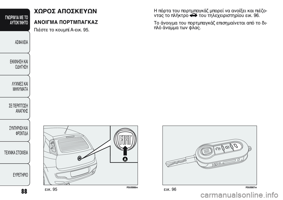 FIAT PUNTO 2011  ΒΙΒΛΙΟ ΧΡΗΣΗΣ ΚΑΙ ΣΥΝΤΗΡΗΣΗΣ (in Greek) F0U0088mεικ. 95F0U0087mεικ. 96
Η πόρτα του πορτμπαγκάζ μπορεί να ανοίξει και πιέζο-
ντας το πλήκτρο Rτου τηλεχειριστηρίο