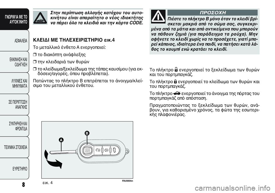 FIAT PUNTO 2011  ΒΙΒΛΙΟ ΧΡΗΣΗΣ ΚΑΙ ΣΥΝΤΗΡΗΣΗΣ (in Greek) F0U0004mεικ. 4
ΚΛΕΙΔΙ ΜΕ ΤΗΛΕΧΕΙΡΙΣΤΗΡΙΟ εικ.4
Το μεταλλικό ένθετο A ενεργοποιεί:
❒το διακόπτη ανάφλεξης
❒την κλε