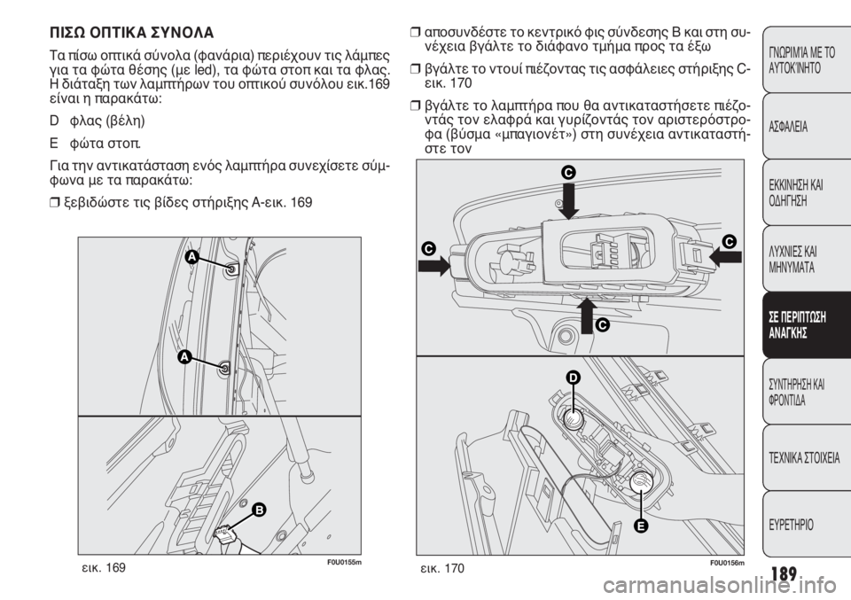 FIAT PUNTO 2013  ΒΙΒΛΙΟ ΧΡΗΣΗΣ ΚΑΙ ΣΥΝΤΗΡΗΣΗΣ (in Greek) 189
ΓΝΩΡΙΜΊΑ ΜΕ ΤΟ
ΑΥΤΟΚΊΝΗΤΟ
ΑΣΦΑΛΕΙΑ
ΕΚΚΙΝΗΣΗ ΚΑΙ
ΟΔΗΓΗΣΗ
ΛΥΧΝΙΕΣ ΚΑΙ
ΜΗΝΥΜΑΤΑ
ΣΕ ΠΕΡΙΠΤΩΣΗ
ΑΝΑΓΚΗΣ
ΣΥΝΤΗΡΗ