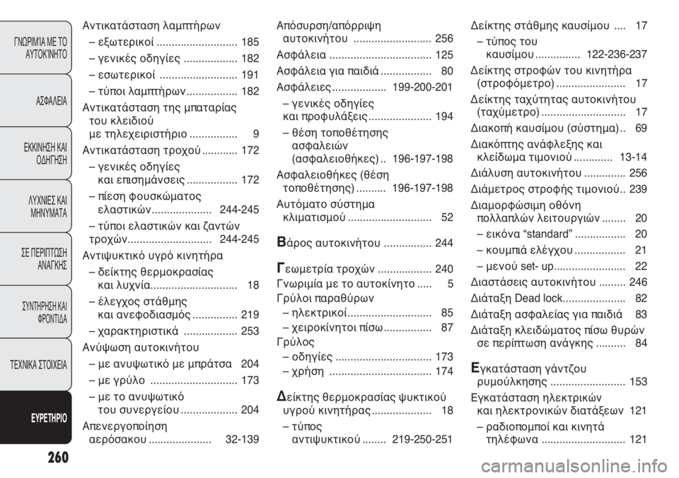 FIAT PUNTO 2013 ΒΙΒΛΙΟ ΧΡΗΣΗΣ ΚΑΙ ΣΥΝΤΗΡΗΣΗΣ (in Greek) 260
ΓΝΩΡΙΜΊΑ ΜΕ ΤΟ
ΑΥΤΟΚΊΝΗΤΟ
ΑΣΦΑΛΕΙΑ
ΕΚΚΙΝΗΣΗ ΚΑΙ
ΟΔΗΓΗΣΗ
ΛΥΧΝΙΕΣ ΚΑΙ
ΜΗΝΥΜΑΤΑ
ΣΕ ΠΕΡΙΠΤΩΣΗ
ΑΝΑΓΚΗΣ
ΣΥΝΤΗΡΗ FIAT PUNTO 2013 ΒΙΒΛΙΟ ΧΡΗΣΗΣ ΚΑΙ ΣΥΝΤΗΡΗΣΗΣ (in Greek) 260
ΓΝΩΡΙΜΊΑ ΜΕ ΤΟ
ΑΥΤΟΚΊΝΗΤΟ
ΑΣΦΑΛΕΙΑ
ΕΚΚΙΝΗΣΗ ΚΑΙ
ΟΔΗΓΗΣΗ
ΛΥΧΝΙΕΣ ΚΑΙ
ΜΗΝΥΜΑΤΑ
ΣΕ ΠΕΡΙΠΤΩΣΗ
ΑΝΑΓΚΗΣ
ΣΥΝΤΗΡΗ