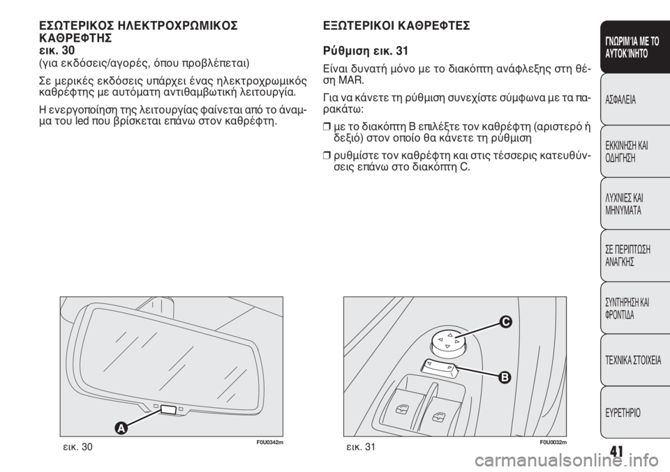 FIAT PUNTO 2013  ΒΙΒΛΙΟ ΧΡΗΣΗΣ ΚΑΙ ΣΥΝΤΗΡΗΣΗΣ (in Greek) F0U0032mεικ. 31
ΕΞΩΤΕΡΙΚΟΙ ΚΑΘΡΕΦΤΕΣ
Ρύθμιση εικ. 31
Είναι δυνατή μόνο με το διακόπτη ανάφλεξης στη θέ-
ση MAR.
Για να 