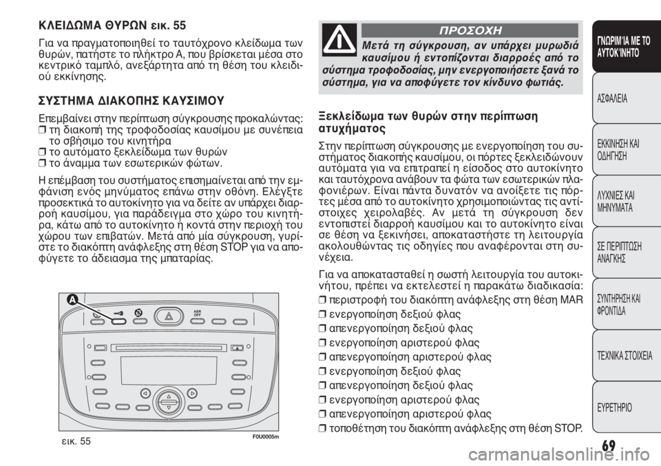 FIAT PUNTO 2013 ΒΙΒΛΙΟ ΧΡΗΣΗΣ ΚΑΙ ΣΥΝΤΗΡΗΣΗΣ (in Greek)
F0U0005mεικ. 55
ΚΛΕΙΔΩΜΑ ΘΥΡΩΝ εικ. 55
Για να πραγματοποιηθεί το ταυτόχρονο κλείδωμα των
θυρών, πατήστε το πλήκ FIAT PUNTO 2013 ΒΙΒΛΙΟ ΧΡΗΣΗΣ ΚΑΙ ΣΥΝΤΗΡΗΣΗΣ (in Greek)
F0U0005mεικ. 55
ΚΛΕΙΔΩΜΑ ΘΥΡΩΝ εικ. 55
Για να πραγματοποιηθεί το ταυτόχρονο κλείδωμα των
θυρών, πατήστε το πλήκ
