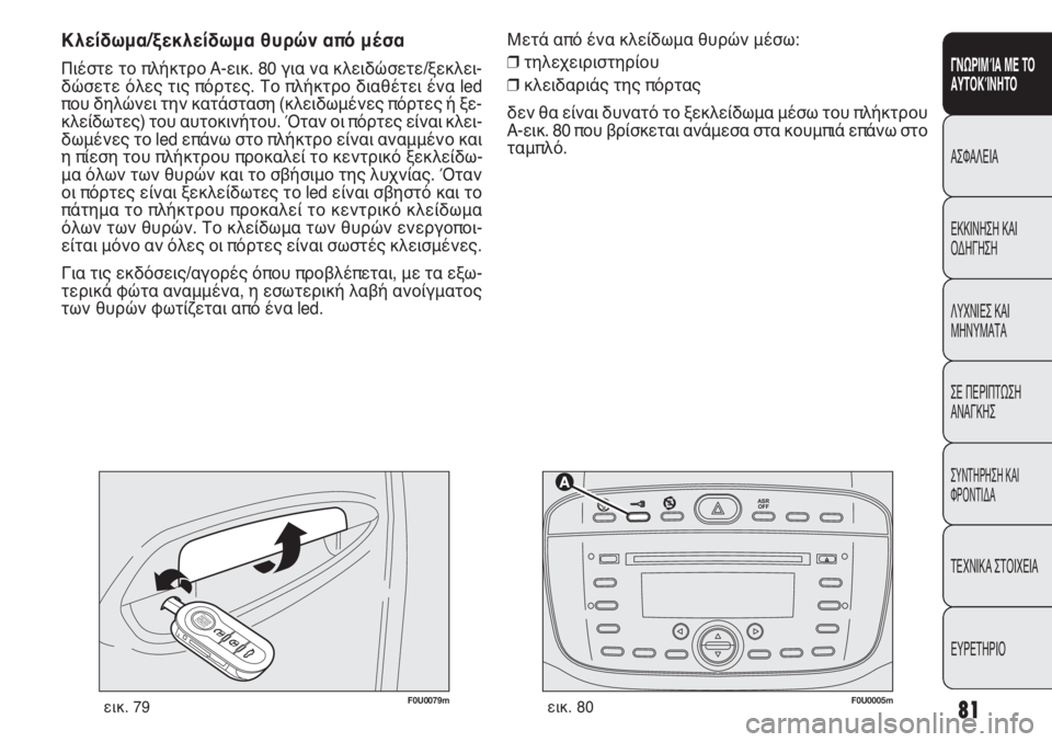 FIAT PUNTO 2013 ΒΙΒΛΙΟ ΧΡΗΣΗΣ ΚΑΙ ΣΥΝΤΗΡΗΣΗΣ (in Greek) 81
ΓΝΩΡΙΜΊΑ ΜΕ ΤΟ
ΑΥΤΟΚΊΝΗΤΟ
ΑΣΦΑΛΕΙΑ
ΕΚΚΙΝΗΣΗ ΚΑΙ
ΟΔΗΓΗΣΗ
ΛΥΧΝΙΕΣ ΚΑΙ
ΜΗΝΥΜΑΤΑ
ΣΕ ΠΕΡΙΠΤΩΣΗ
ΑΝΑΓΚΗΣ
ΣΥΝΤΗΡΗ FIAT PUNTO 2013 ΒΙΒΛΙΟ ΧΡΗΣΗΣ ΚΑΙ ΣΥΝΤΗΡΗΣΗΣ (in Greek) 81
ΓΝΩΡΙΜΊΑ ΜΕ ΤΟ
ΑΥΤΟΚΊΝΗΤΟ
ΑΣΦΑΛΕΙΑ
ΕΚΚΙΝΗΣΗ ΚΑΙ
ΟΔΗΓΗΣΗ
ΛΥΧΝΙΕΣ ΚΑΙ
ΜΗΝΥΜΑΤΑ
ΣΕ ΠΕΡΙΠΤΩΣΗ
ΑΝΑΓΚΗΣ
ΣΥΝΤΗΡΗ