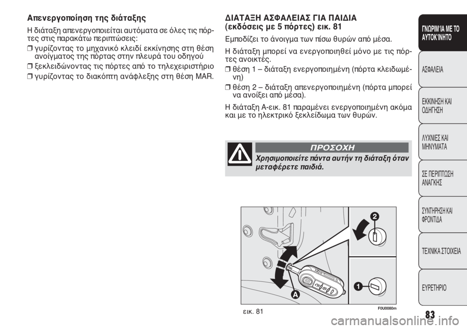 FIAT PUNTO 2013  ΒΙΒΛΙΟ ΧΡΗΣΗΣ ΚΑΙ ΣΥΝΤΗΡΗΣΗΣ (in Greek) F0U0080mεικ. 81
ΔΙΑΤΑΞΗ ΑΣΦΑΛΕΙΑΣ ΓΙΑ ΠΑΙΔΙΑ 
(εκδόσεις με 5 πόρτες) εικ. 81
Εμποδίζει το άνοιγμα των πίσω θυρών από μ