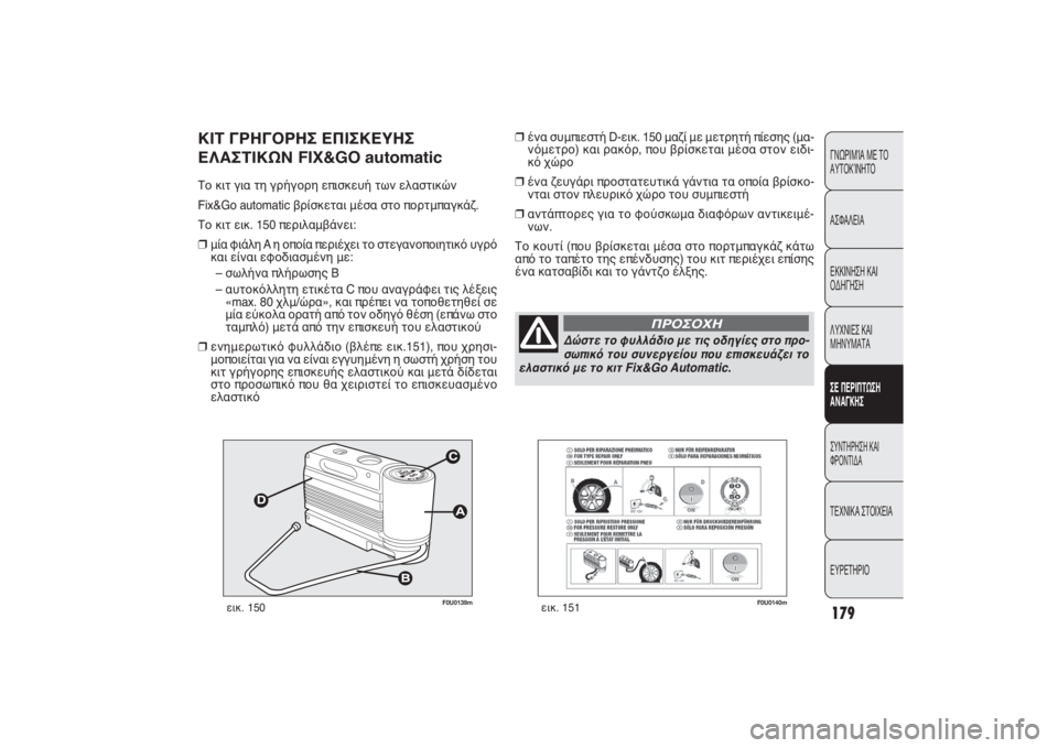 FIAT PUNTO 2014  ΒΙΒΛΙΟ ΧΡΗΣΗΣ ΚΑΙ ΣΥΝΤΗΡΗΣΗΣ (in Greek) F0U0139m
εικ. 150
ΚΙΤ ΓΡΗΓΟΡΗΣ ΕΠΙΣΚΕΥΗΣ
ΕΛΑΣΤΙΚΩΝ FIX&GO automaticΤο κιτ για τη γρήγορη επισκευή των ελαστικών 
Fix&Go automatic 