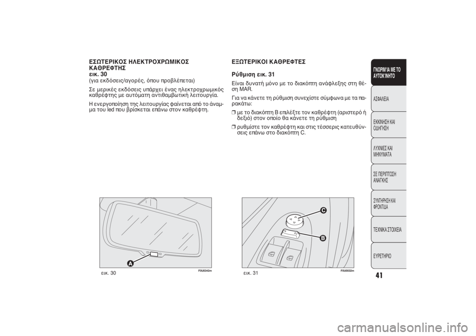FIAT PUNTO 2014  ΒΙΒΛΙΟ ΧΡΗΣΗΣ ΚΑΙ ΣΥΝΤΗΡΗΣΗΣ (in Greek) F0U0032m
εικ. 31
ΕΞΩΤΕΡΙΚΟΙ ΚΑΘΡΕΦΤΕΣ
Ρύθμιση εικ. 31Είναι δυνατή μόνο με το διακόπτη ανάφλεξης στη θέ-
ση MAR.
Για να 