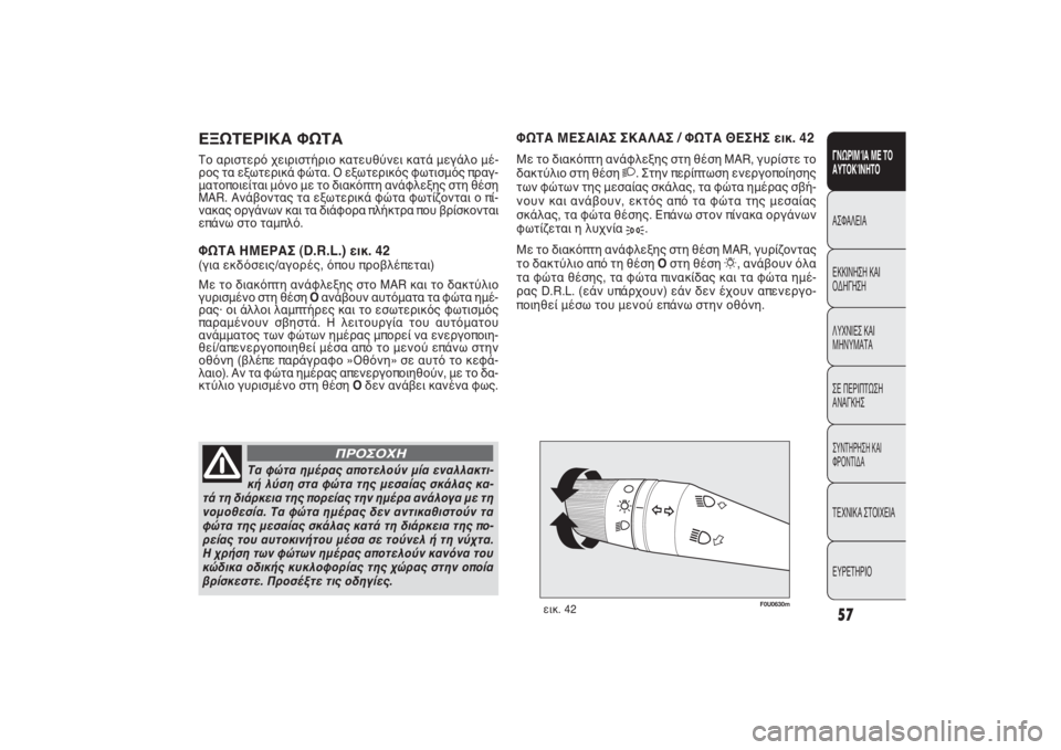 FIAT PUNTO 2014  ΒΙΒΛΙΟ ΧΡΗΣΗΣ ΚΑΙ ΣΥΝΤΗΡΗΣΗΣ (in Greek) F0U0630m
εικ. 42
Τα φώτα ημέρας αποτελούν μία εναλλακτι-
κή λύση στα φώτα της μεσαίας σκάλας κα-
τά τη διάρκεια της π