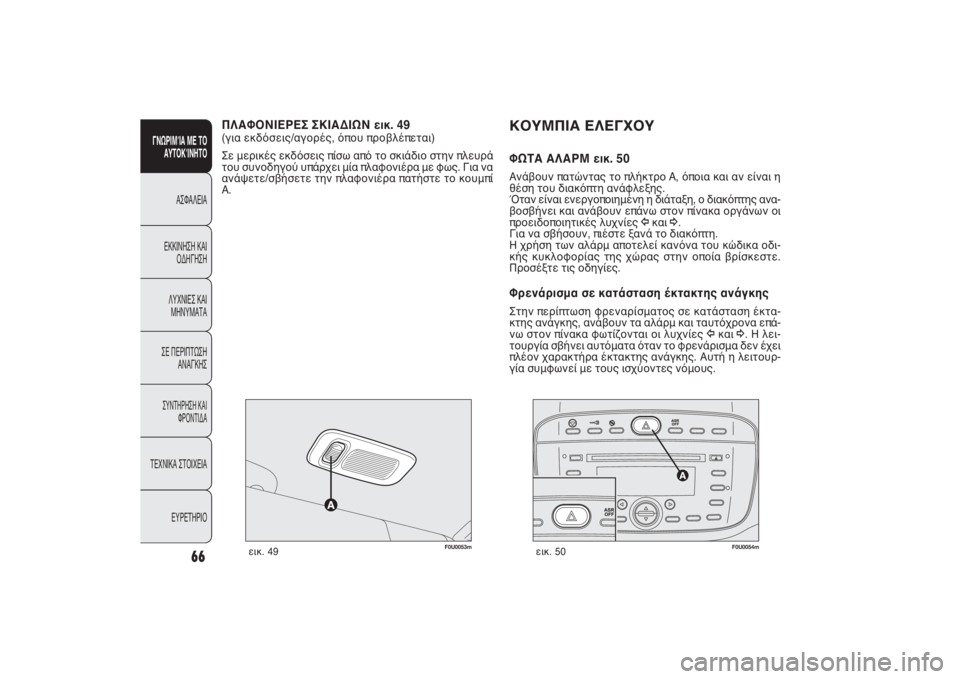 FIAT PUNTO 2014 ΒΙΒΛΙΟ ΧΡΗΣΗΣ ΚΑΙ ΣΥΝΤΗΡΗΣΗΣ (in Greek) F0U0053m
εικ. 49
ΚΟΥΜΠΙΑ ΕΛΕΓΧΟΥΦΩΤΑ ΑΛΑΡΜ εικ. 50Ανάβουν πατώντας το πλήκτρο A, όποια και αν είναι η
θέση του διακόπ FIAT PUNTO 2014 ΒΙΒΛΙΟ ΧΡΗΣΗΣ ΚΑΙ ΣΥΝΤΗΡΗΣΗΣ (in Greek) F0U0053m
εικ. 49
ΚΟΥΜΠΙΑ ΕΛΕΓΧΟΥΦΩΤΑ ΑΛΑΡΜ εικ. 50Ανάβουν πατώντας το πλήκτρο A, όποια και αν είναι η
θέση του διακόπ