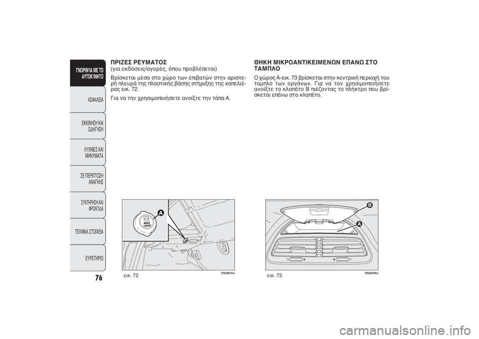 FIAT PUNTO 2014  ΒΙΒΛΙΟ ΧΡΗΣΗΣ ΚΑΙ ΣΥΝΤΗΡΗΣΗΣ (in Greek) F0U0276m
εικ. 73
ΠΡΙΖΕΣ ΡΕΥΜΑΤΟΣ (για εκδόσεις/αγορές, όπου προβλέπεται)Βρίσκεται μέσα στο χώρο των επιβατών στην α